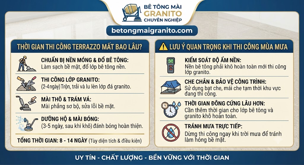 Thi công Terrazzo mất bao lâu? Lưu ý quan trọng khi thi công mùa mưa